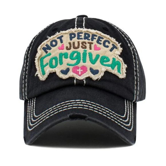 Womens Not Perfect Just Forgiven Cross Pink Baseball Cap Hat in Distressed Black - Picture 1 of 2